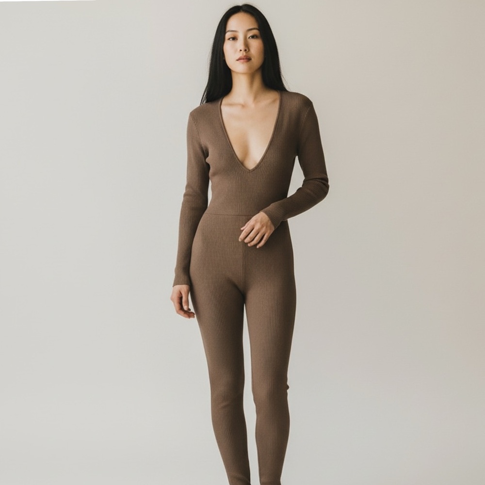 Hera Collection Ribbed Plunge Neck Catsuit Bodycon One Piece